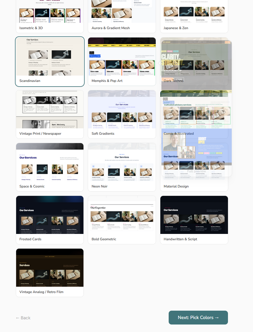 Wizard step 2 — template style gallery