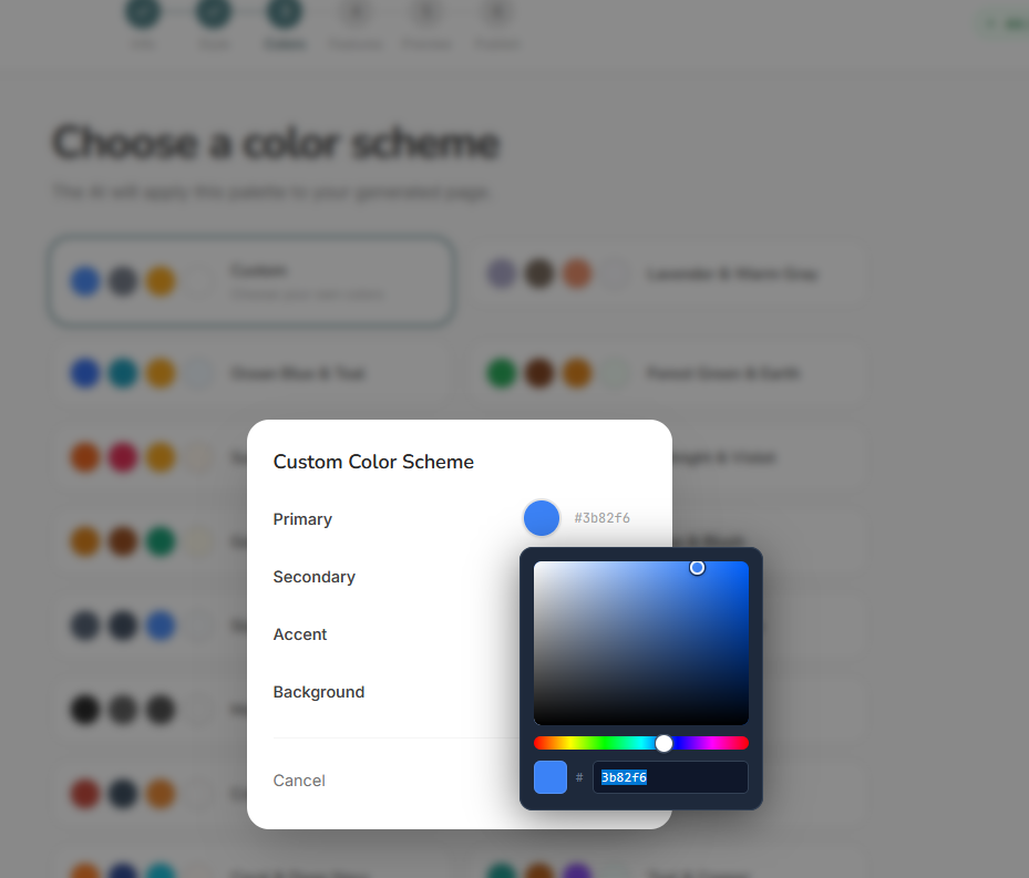 Wizard step 3 — custom color editor dialog
