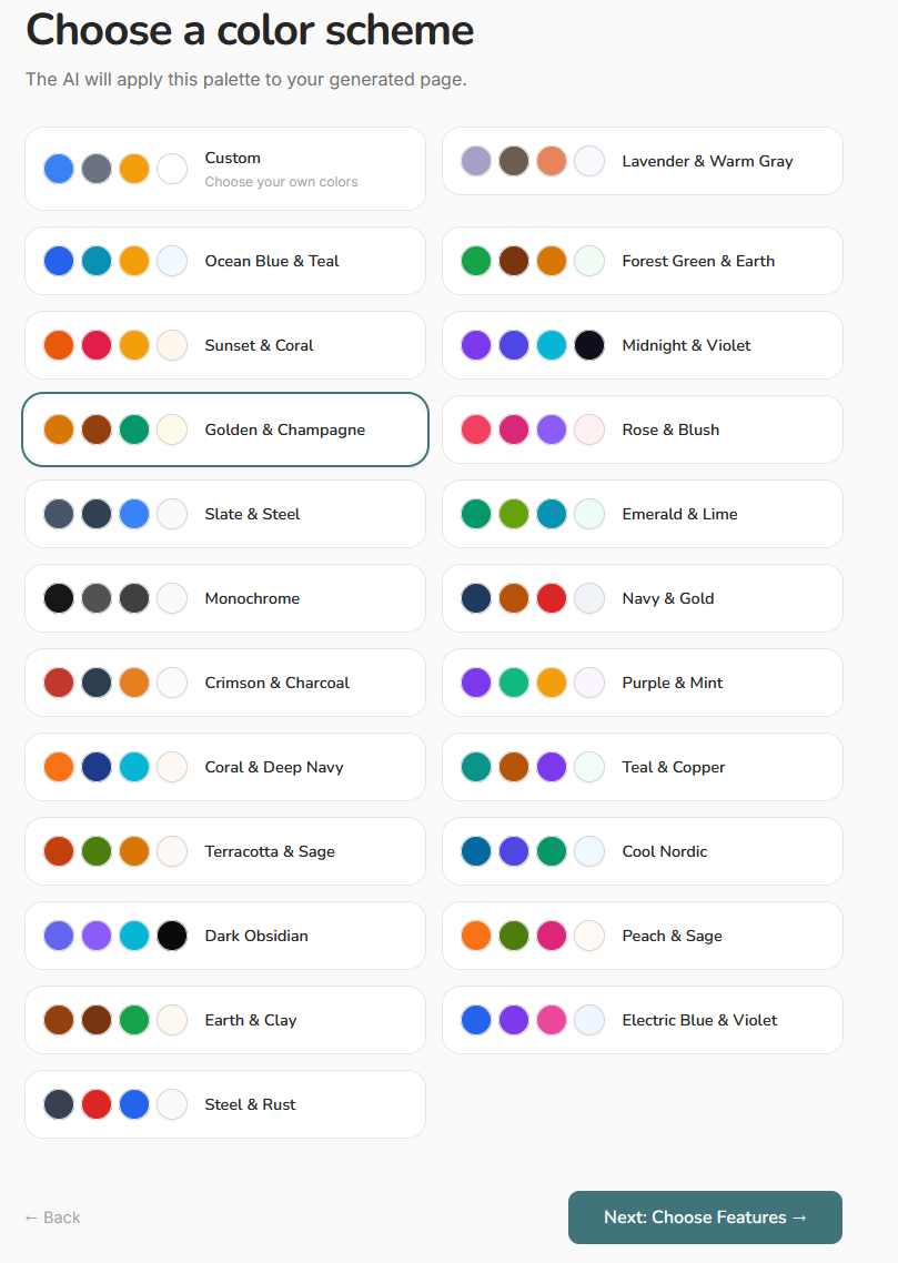 Wizard step 3 — preset color palettes