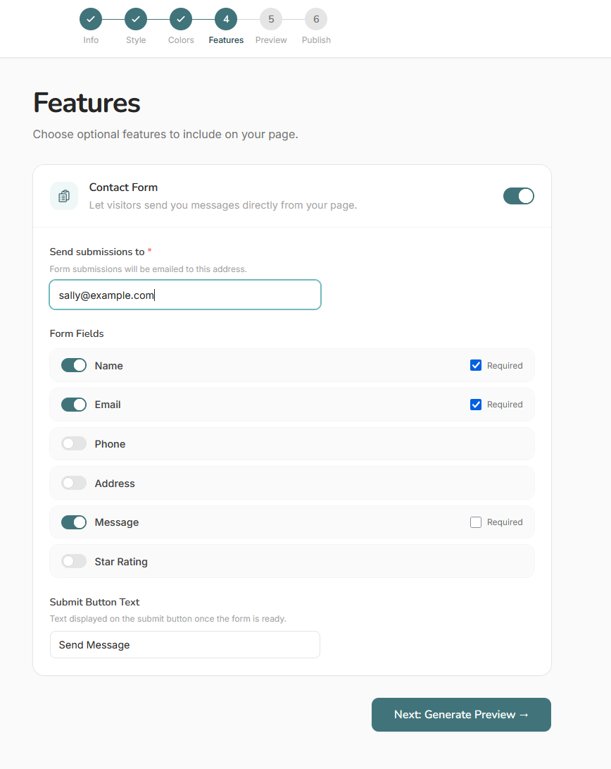 Wizard step 4 — section feature toggles