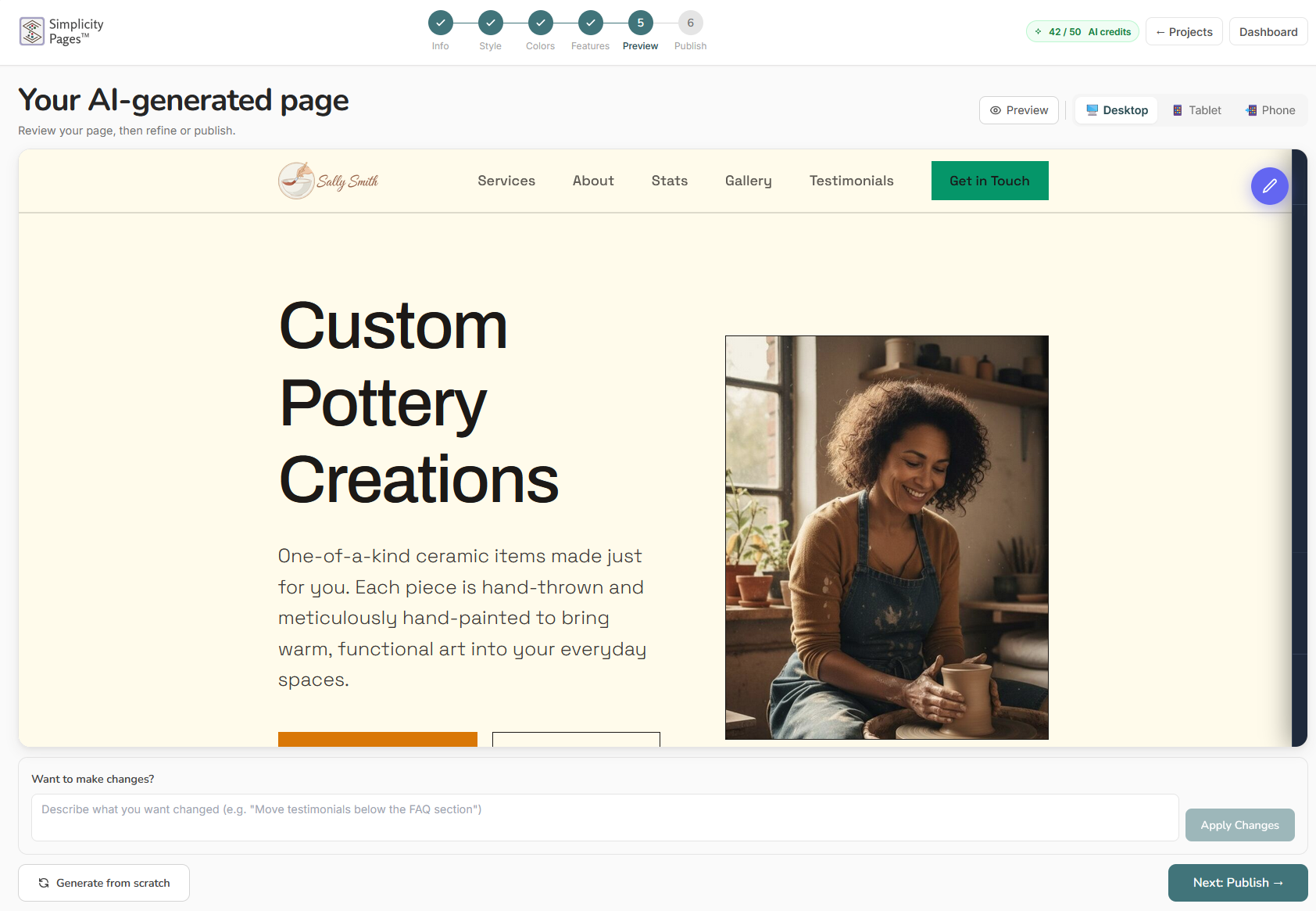 Wizard step 5 — generated page preview with editing controls