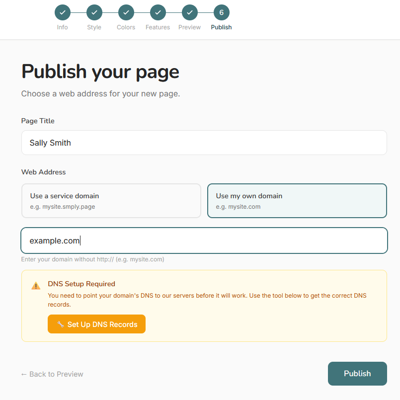 Step 6 — custom domain field filled in