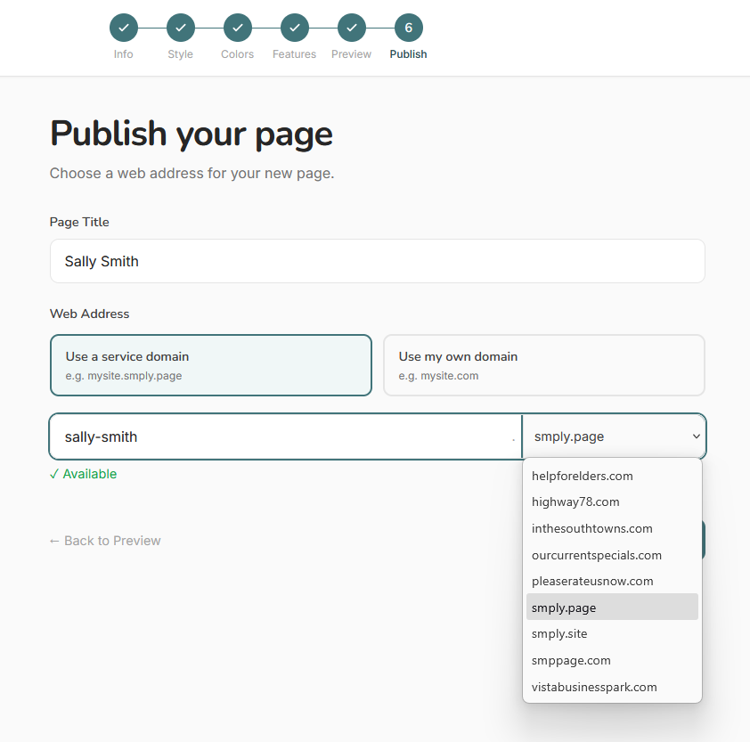 Step 6 — subdomain dropdown showing available domains