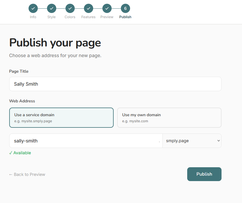 Wizard step 6 — publish options screen